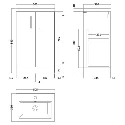 Arno Compact 500mm Freestanding 2 Door Vanity Unit with Ceramic Basin - Gloss White - Technical Drawing