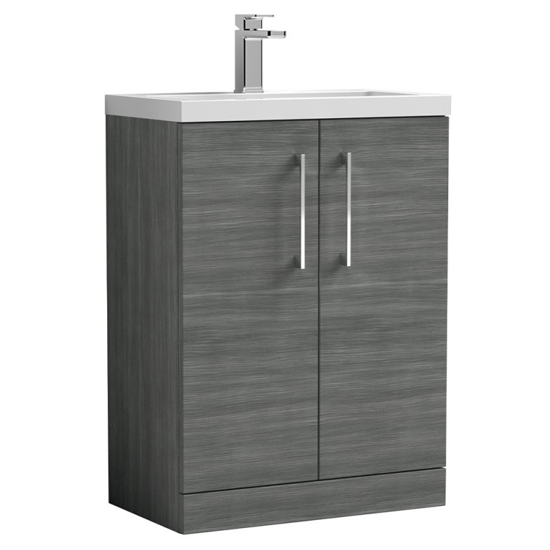 Arno Compact 600mm Freestanding 2 Door Vanity Unit with Polymarble Basin - Anthracite Woodgrain Arno Compact 600mm Freestanding 2 Door Vanity Unit with Polymarble Basin - Anthracite Woodgrain