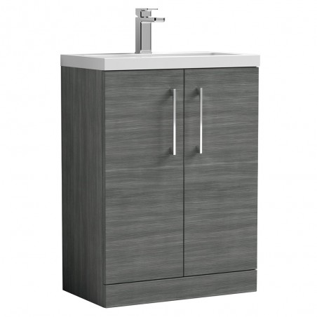 Arno Compact 600mm Freestanding 2 Door Vanity Unit with Polymarble Basin - Anthracite Woodgrain