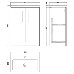 Arno Compact 600mm Freestanding 2 Door Vanity Unit with Polymarble Basin - Anthracite Woodgrain - Technical Drawing