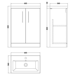 Arno Compact 600mm Freestanding 2 Door Vanity Unit with Ceramic Basin - Anthracite Woodgrain - Technical Drawing