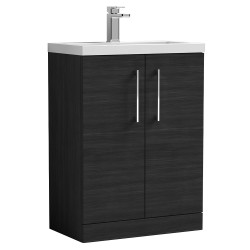 Arno Compact 600mm Freestanding 2 Door Vanity Unit with Polymarble Basin - Charcoal Black Woodgrain