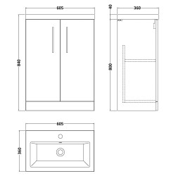 Arno Compact 600mm Freestanding 2 Door Vanity Unit with Ceramic Basin - Charcoal Black Woodgrain - Technical Drawing