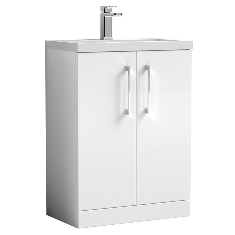 Arno Compact 600mm Freestanding 2 Door Vanity Unit with Polymarble Basin - Gloss White