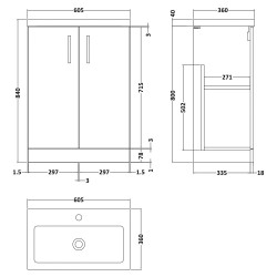 Arno Compact 600mm Freestanding 2 Door Vanity Unit with Polymarble Basin - Gloss White - Technical Drawing