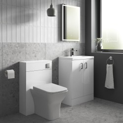 Arno Compact 600mm Freestanding 2 Door Vanity Unit with Ceramic Basin - Gloss White - Insitu