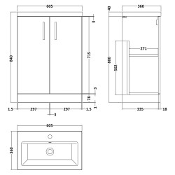 Arno Compact 600mm Freestanding 2 Door Vanity Unit with Ceramic Basin - Gloss White - Technical Drawing