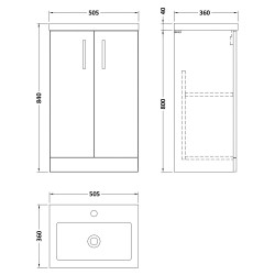 Arno Compact 500mm Freestanding 2 Door Vanity & Polymarble Basin - Soft Black - Technical Drawing