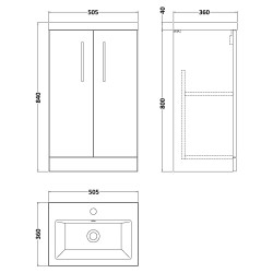 Arno Compact 500mm Freestanding 2 Door Vanity Unit with Ceramic Basin - Satin Green - Technical Drawing