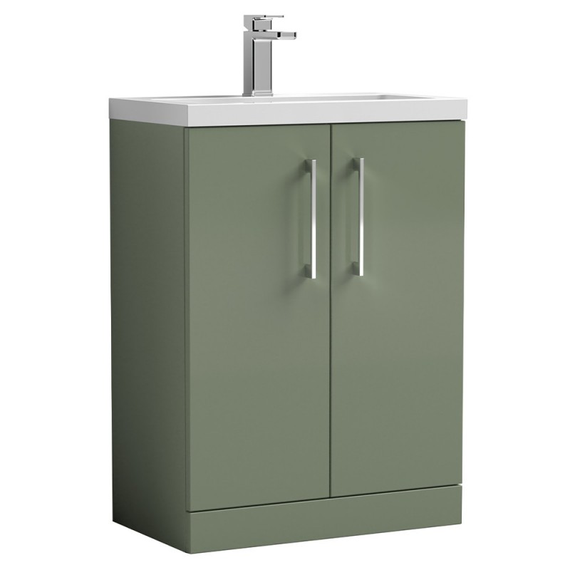 Arno Compact 600mm Freestanding 2 Door Vanity Unit with Polymarble Basin - Satin Green Arno Compact 600mm Freestanding 2 Door Vanity Unit with Polymarble Basin - Satin Green
