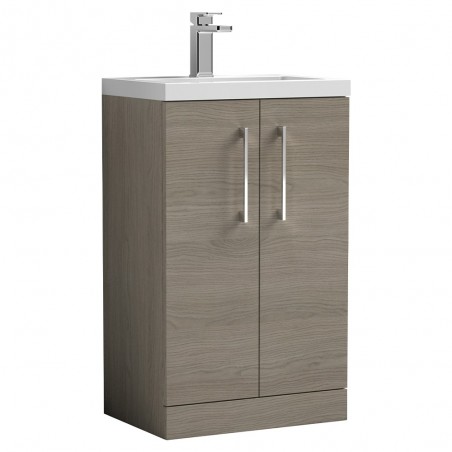 Arno Compact 500mm Freestanding 2 Door Vanity Unit with Polymarble Basin - Solace Oak