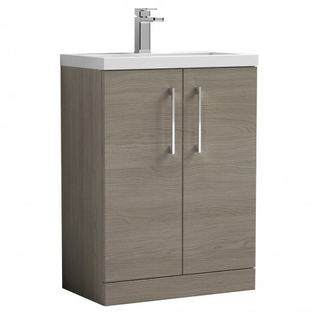 Arno Compact 600mm Freestanding 2 Door Vanity Unit with Ceramic Basin - Solace Oak