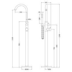 Tec Thermostatic Single Lever Mono Bath and Shower Mixer - Technical Drawing