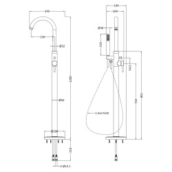 Matt Black Tec Lever Floorstanding Bath Shower Mixer - Technical Drawing