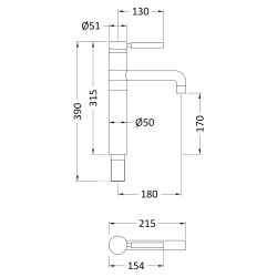 Tec Lever Brushed Brass High Rise Mixer - Technical Drawing