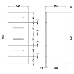 Mayford 4 Drawer Unit 300mm x 300mm - Gloss White - Technical Drawing