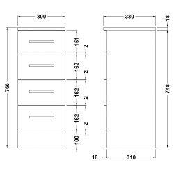Mayford 4 Drawer Unit 300mm x 330mm - Gloss White - Technical Drawing