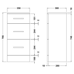 Mayford 3 Drawer Unit 350mm x 300mm - Gloss White - Technical Drawing