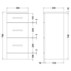 Mayford 3 Drawer Unit 350mm x 330mm - Gloss White - Technical Drawing