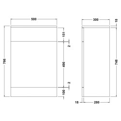 Mayford WC Unit 500mm x 300mm - Gloss White - Technical Drawing
