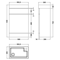 Athena Slimline 500mm Basin & WC Combination Unit - Gloss White - Technical Drawing