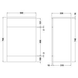 Mayford WC Unit 500mm x 330mm - Gloss White - Technical Drawing