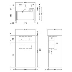 Athena 500mm Basin & WC Unit - Charcoal Black - Technical Drawing