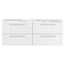 Quartet 1400mm Wall Hung 4 Drawer Unit With Carrera Marble Laminate Worktop - Gloss White