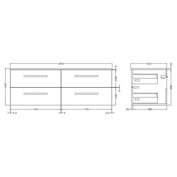 Quartet 1400mm Wall Hung 4 Drawer Unit With Carrera Marble Laminate Worktop - Gloss White - Technical Drawing