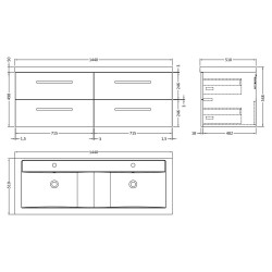 Quartet 1440mm Wall Hung 4 Drawer Vanity Unit and Basin - Grey Gloss - Technical Drawing