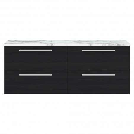 Quartet 1400mm Wall Hung 4 Drawer Unit With Carrera Marble Laminate Worktop - Charcoal Black Woodgrain