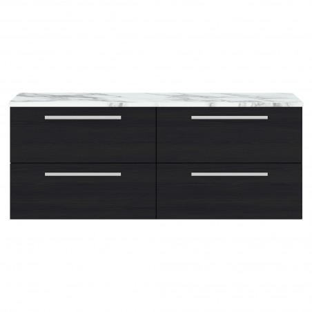 Quartet 1400mm Wall Hung 4 Drawer Unit With Carrera Marble Laminate Worktop - Charcoal Black Woodgrain