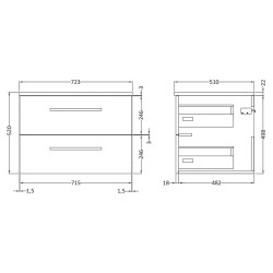 Quartet 720mm Wall Hung 2 Drawer Unit With Carrera Marble Laminate Worktop - Gloss White - Technical Drawing