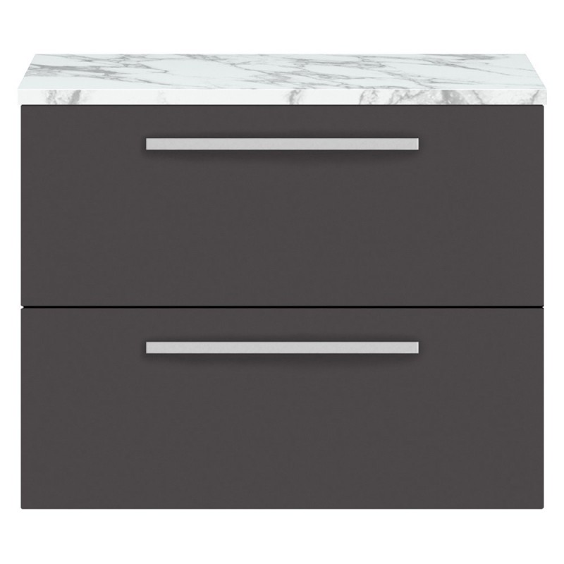 Quartet 720mm Wall Hung 2 Drawer Unit With Carrera Marble Laminate Worktop - Gloss Grey Quartet 720mm Wall Hung 2 Drawer Unit With Carrera Marble Laminate Worktop - Gloss Grey