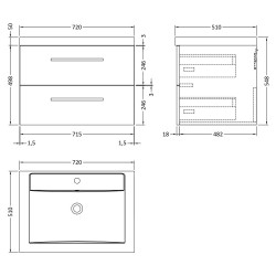 Quartet 720mm Wall Hung 2 Drawer Vanity Unit and Basin - Charcoal Black Woodgrain - Technical Drawing
