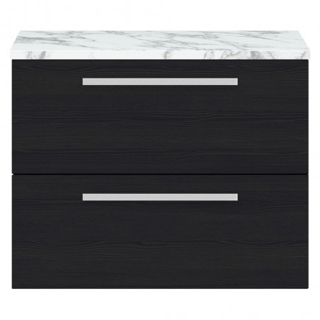 Quartet 720mm Wall Hung 2 Drawer Unit With Carrera Marble Laminate Worktop - Charcoal Black Woodgrain