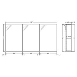 Quartet 1350mm 3 Door Mirror Unit - Grey Gloss - Technical Drawing