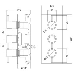 Quest Rectangular Concealed Shower Valve Triple Handle - Technical Drawing