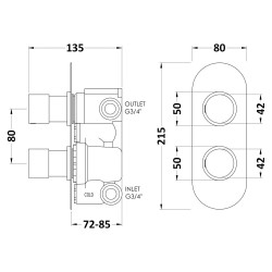Chrome Round Twin Concealed Thermostatic Shower Valve with Diverter - Technical Drawing