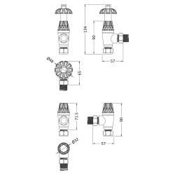 Chrome Traditional Thermostatic Radiator Valves Angled - Technical Drawing