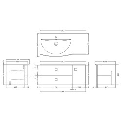 Sarenna 1000mm Cabinet & Basin - Left Hand - Moon White - Technical Drawing