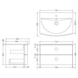 Sarenna 700mm Cabinet & Basin - Dove Grey - Technical Drawing