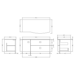 Sarenna 1000mm Right Hand Cabinet With Marble Top - Dove Grey - Technical Drawing