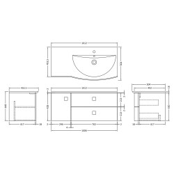 Sarenna 1000mm Cabinet & Basin - Right Hand - Mineral Blue - Technical Drawing