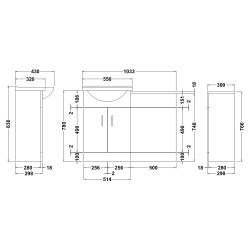 Saturn Cloakroom Furniture Pack - Round Basin - Gloss White - Technical Drawing