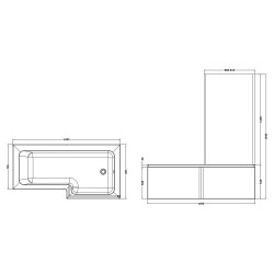 Square Shower Bath with Screen & Front Panel Right Handed Set 1700mm x 705/855mm - Technical Drawing