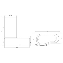 B-Shaped Shower Bath with Screen & Front Panel Left Handed 1700mm x 735mm/800mm - Technical Drawing