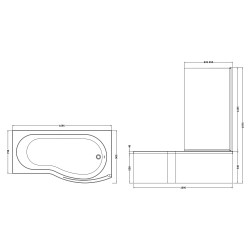 B-Shaped Shower Bath with Screen & Front Panel Right Handed 1700mm x 735mm/800mm - Technical Drawing