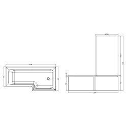 1800mm Right Hand Square Shower Bath Set - White - Technical Drawing