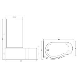 B-Shaped Shower Bath with Screen & Front Panel Left Handed 1500mm x 735mm/800mm - Technical Drawing